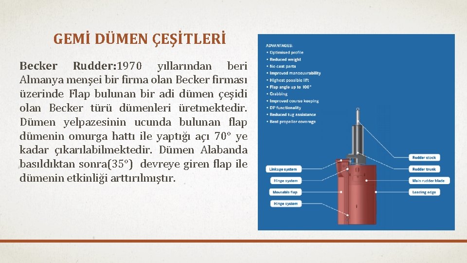 GEMİ DÜMEN ÇEŞİTLERİ Becker Rudder: 1970 yıllarından beri Almanya menşei bir firma olan Becker