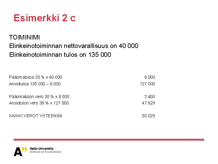 Esimerkki 2 c TOIMINIMI Elinkeinotoiminnan nettovarallisuus on 40 000 Elinkeinotoiminnan tulos on 135 000