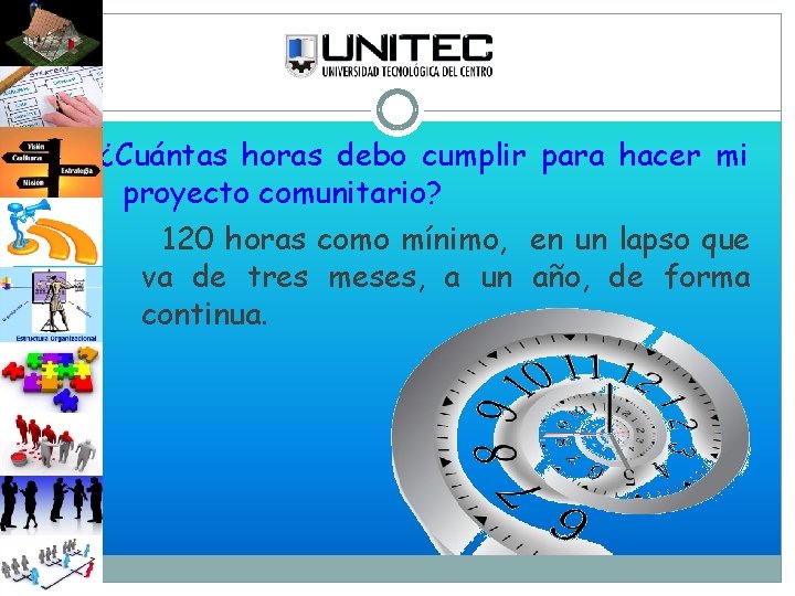 ¿Cuántas horas debo cumplir para hacer mi proyecto comunitario? 120 horas como mínimo, en
