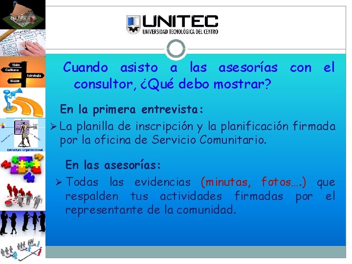 Cuando asisto a las asesorías con el consultor, ¿Qué debo mostrar? En la primera