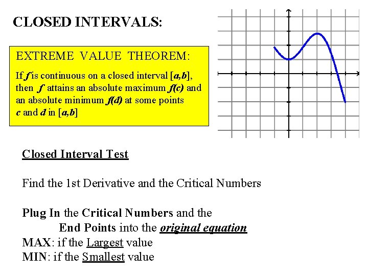 CLOSED INTERVALS: EXTREME VALUE THEOREM: If f is continuous on a closed interval [a,