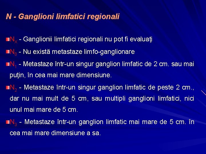 N - Ganglioni limfatici regionali NX - Ganglionii limfatici regionali nu pot fi evaluaţi