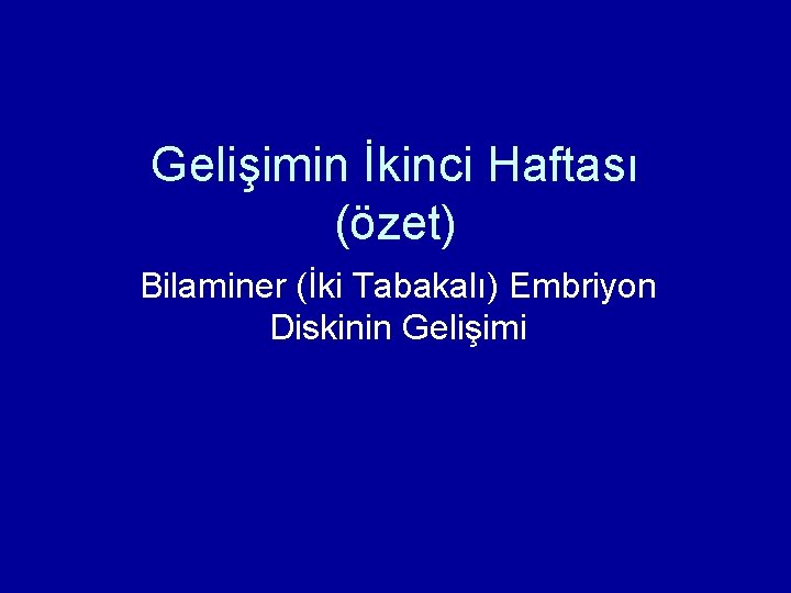 Gelişimin İkinci Haftası (özet) Bilaminer (İki Tabakalı) Embriyon Diskinin Gelişimi Gelişimin İkinci Haftası (özet) Bilaminer (İki Tabakalı) Embriyon Diskinin Gelişimi