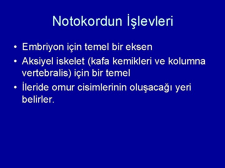 Notokordun İşlevleri • Embriyon için temel bir eksen • Aksiyel iskelet (kafa kemikleri ve Notokordun İşlevleri • Embriyon için temel bir eksen • Aksiyel iskelet (kafa kemikleri ve