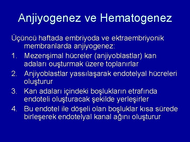 Anjiyogenez ve Hematogenez Üçüncü haftada embriyoda ve ektraembriyonik membranlarda anjiyogenez: 1. Mezenşimal hücreler (anjiyoblastlar) Anjiyogenez ve Hematogenez Üçüncü haftada embriyoda ve ektraembriyonik membranlarda anjiyogenez: 1. Mezenşimal hücreler (anjiyoblastlar)