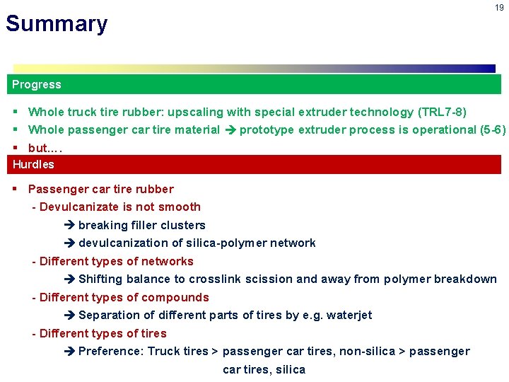 Summary 19 Progress § Whole truck tire rubber: upscaling with special extruder technology (TRL