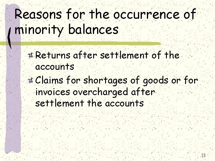 Reasons for the occurrence of minority balances Returns after settlement of the accounts Claims