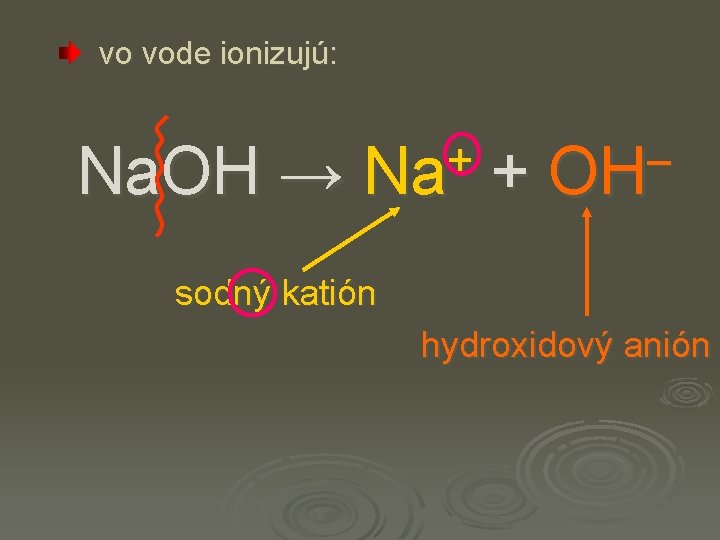 vo vode ionizujú: Na. OH → + Na + – OH sodný katión hydroxidový