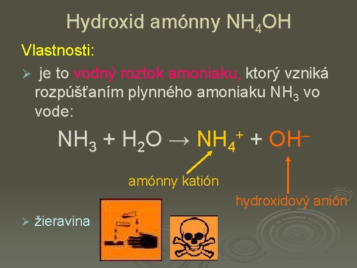 Hydroxid amónny NH 4 OH Vlastnosti: Ø je to vodný roztok amoniaku, ktorý vzniká
