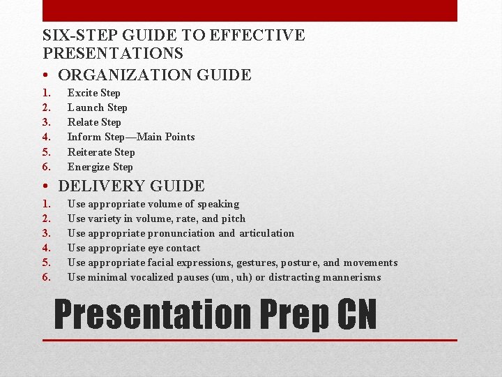 SIX-STEP GUIDE TO EFFECTIVE PRESENTATIONS • ORGANIZATION GUIDE 1. 2. 3. 4. 5. 6.