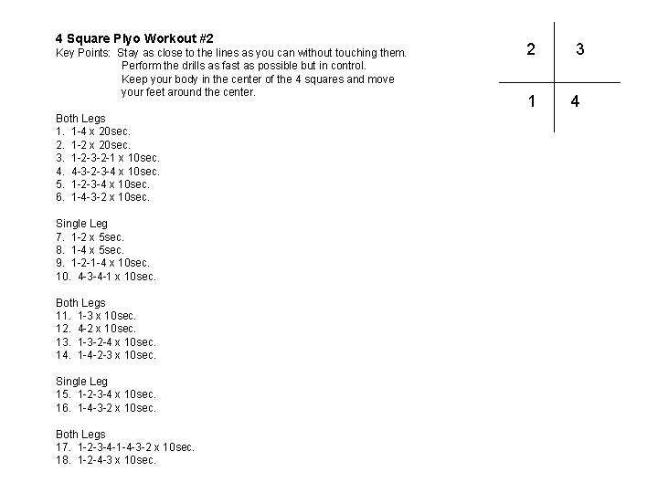 4 Square Plyo Workout #2 Key Points: Stay as close to the lines as