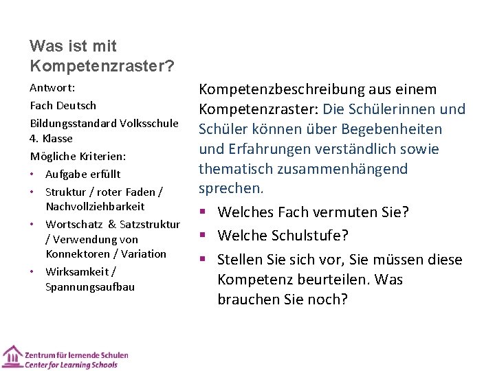 Was ist mit Kompetenzraster? Antwort: Fach Deutsch Bildungsstandard Volksschule 4. Klasse Mögliche Kriterien: •