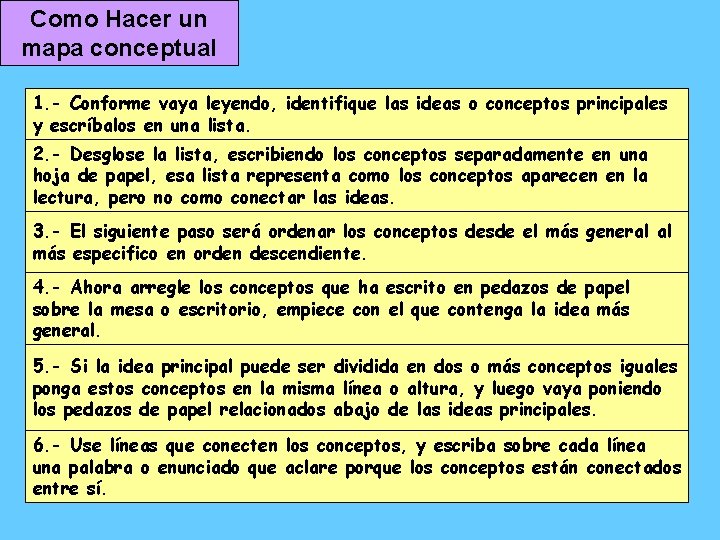 Como Hacer un mapa conceptual 1. - Conforme vaya leyendo, identifique las ideas o