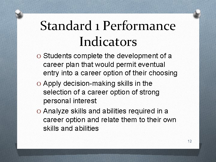 Standard 1 Performance Indicators O Students complete the development of a career plan that Standard 1 Performance Indicators O Students complete the development of a career plan that
