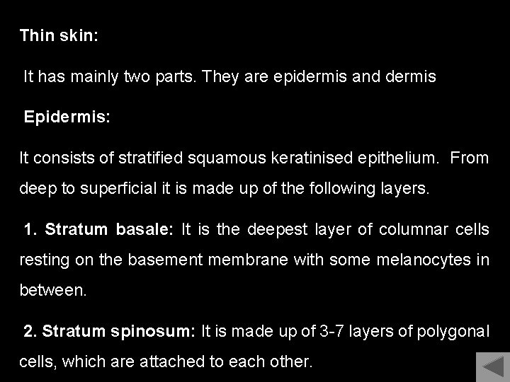 Thin skin: It has mainly two parts. They are epidermis and dermis Epidermis: It