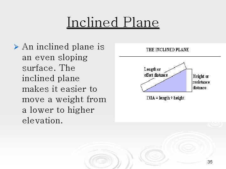 Inclined Plane Ø An inclined plane is an even sloping surface. The inclined plane