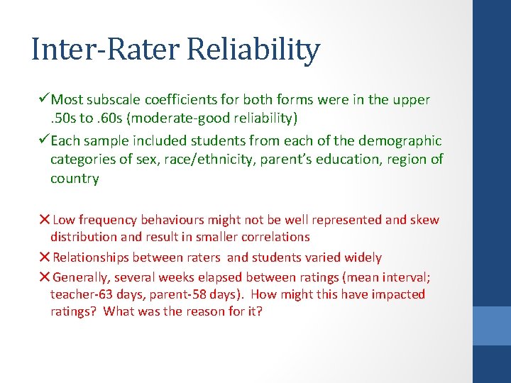 Inter-Rater Reliability üMost subscale coefficients for both forms were in the upper . 50