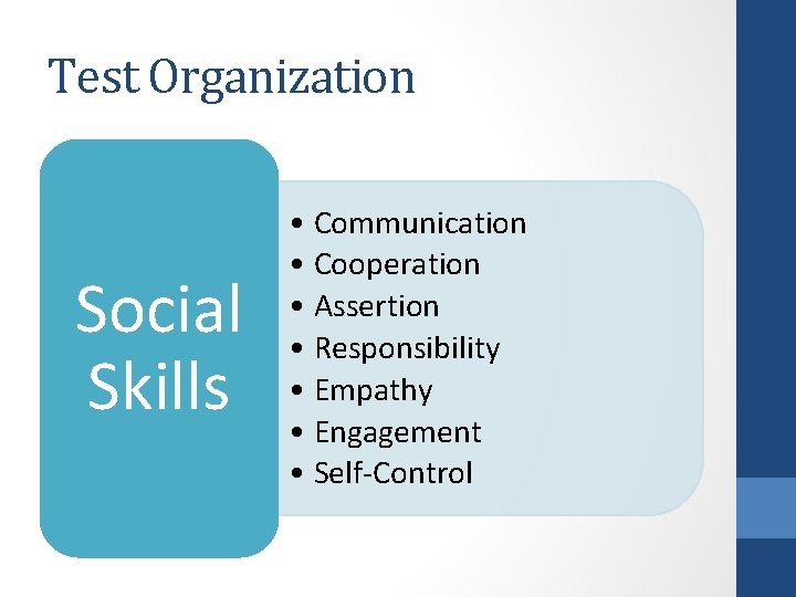 Test Organization Social Skills • Communication • Cooperation • Assertion • Responsibility • Empathy