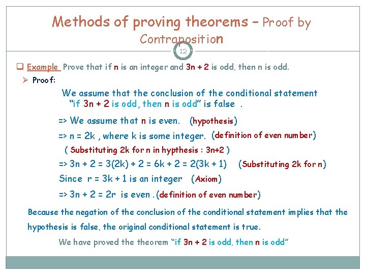 Methods of proving theorems – Proof by Contraposition 12 q Example Prove that if Methods of proving theorems – Proof by Contraposition 12 q Example Prove that if