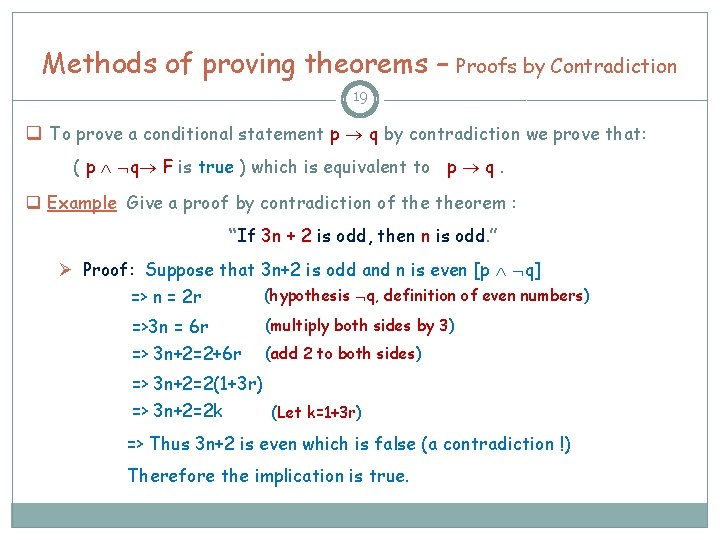 Methods of proving theorems – Proofs by Contradiction 19 q To prove a conditional Methods of proving theorems – Proofs by Contradiction 19 q To prove a conditional