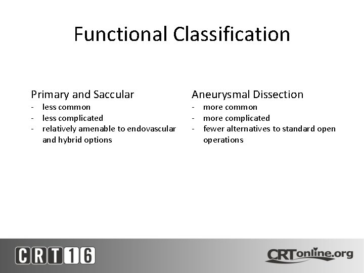 Functional Classification Primary and Saccular - less common - less complicated - relatively amenable