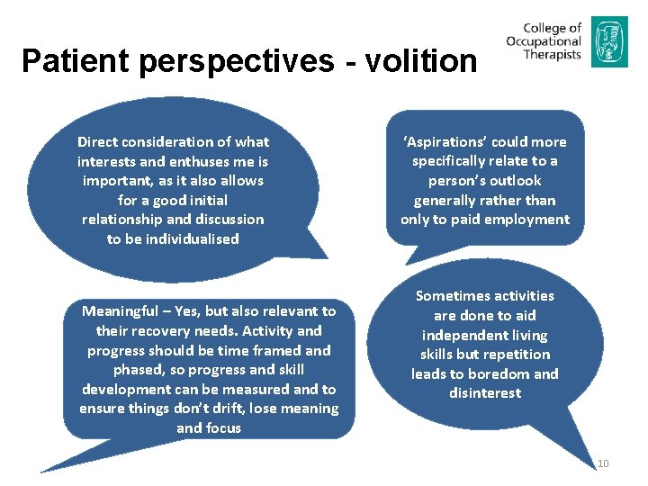 Patient perspectives - volition Direct consideration of what interests and enthuses me is important,