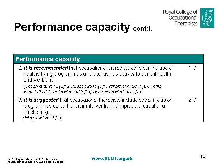 Performance capacity contd. Performance capacity 12. It is recommended that occupational therapists consider the