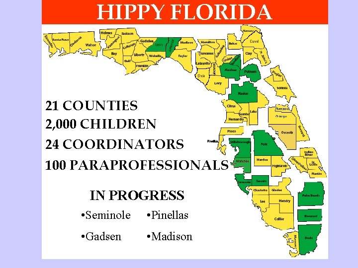 HIPPY FLORIDA 21 COUNTIES 2, 000 CHILDREN 24 COORDINATORS 100 PARAPROFESSIONALS IN PROGRESS •