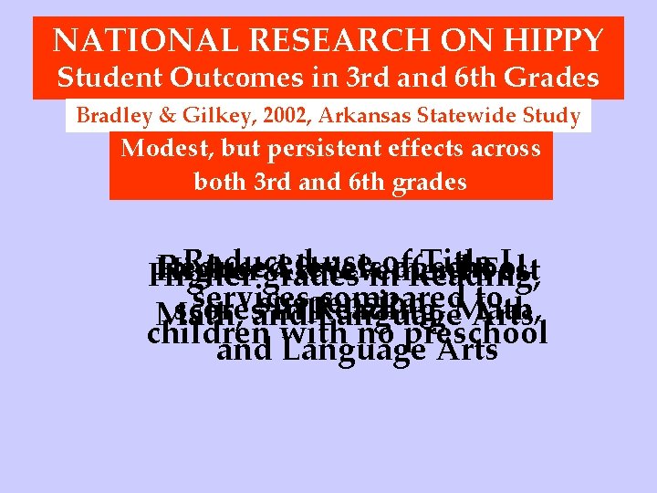 NATIONAL RESEARCH ON HIPPY Student Outcomes in 3 rd and 6 th Grades Bradley