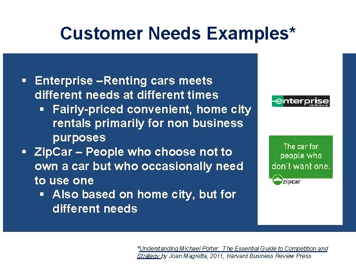 Customer Needs Examples* § Enterprise –Renting cars meets different needs at different times §