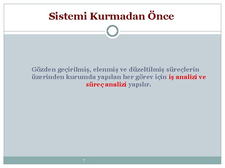 Sistemi Kurmadan Önce Gözden geçirilmiş, elenmiş ve düzeltilmiş süreçlerin üzerinden kurumda yapılan her görev