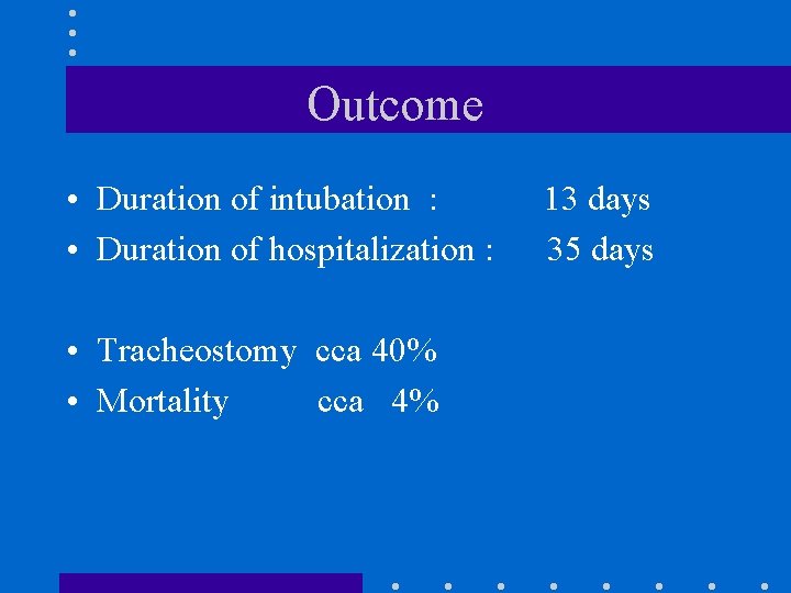 Outcome • Duration of intubation : • Duration of hospitalization : • Tracheostomy cca
