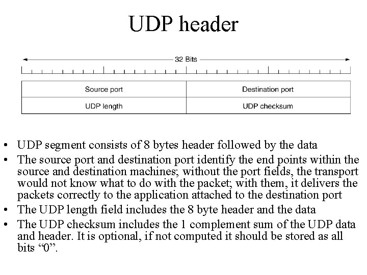 UDP header • UDP segment consists of 8 bytes header followed by the data