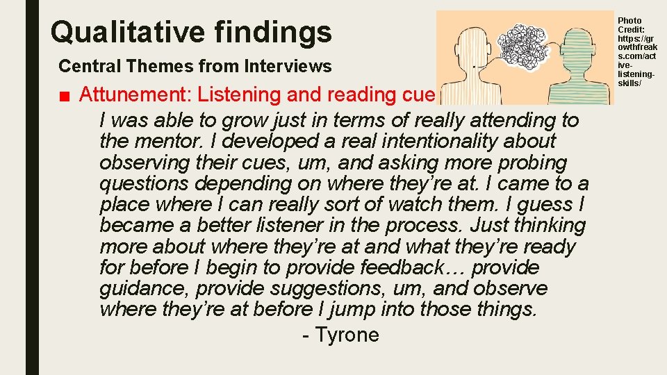 Qualitative findings Central Themes from Interviews ■ Attunement: Listening and reading cues I was