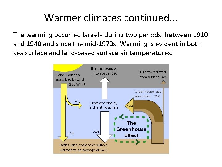 Warmer climates continued. . . The warming occurred largely during two periods, between 1910