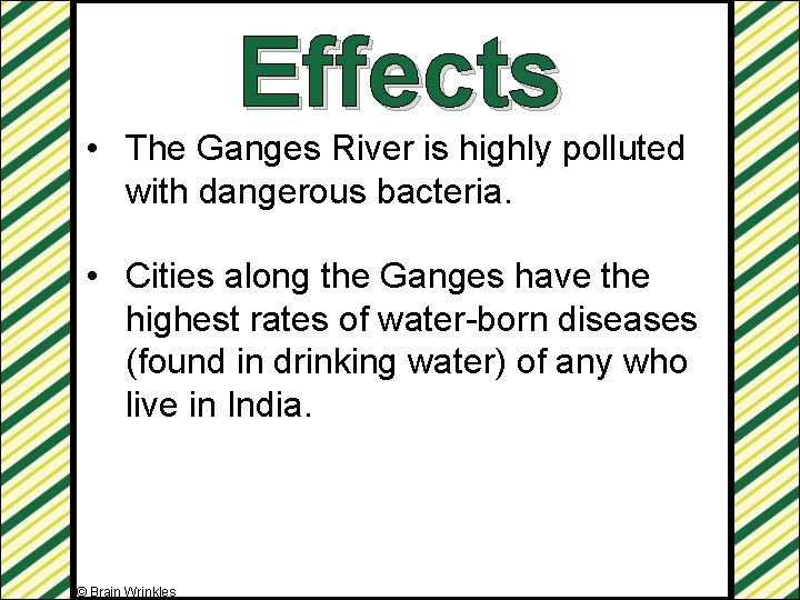 Effects • The Ganges River is highly polluted with dangerous bacteria. • Cities along