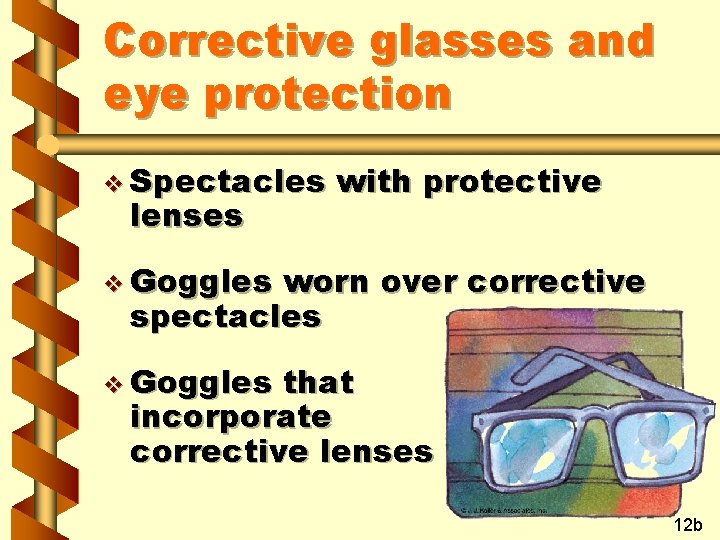 Corrective glasses and eye protection v Spectacles lenses with protective v Goggles worn over