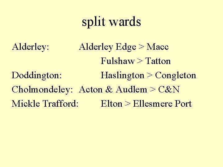 split wards Alderley: Alderley Edge > Macc Fulshaw > Tatton Doddington: Haslington > Congleton