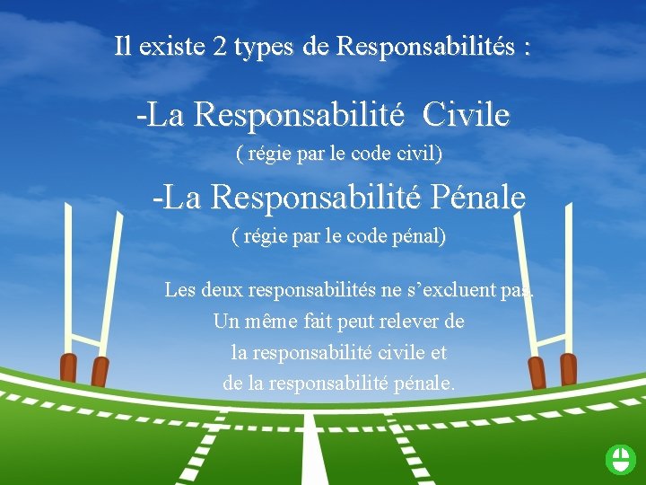 Il existe 2 types de Responsabilités : -La Responsabilité Civile ( régie par le