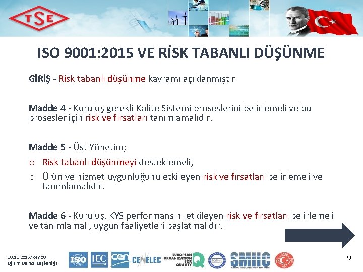 ISO 9001: 2015 VE RİSK TABANLI DÜŞÜNME GİRİŞ - Risk tabanlı düşünme kavramı açıklanmıştır