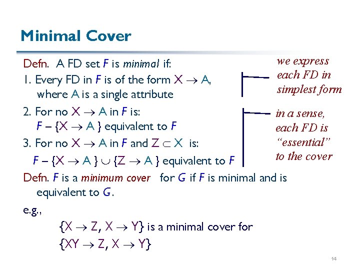 Minimal Cover we express Defn. A FD set F is minimal if: each FD