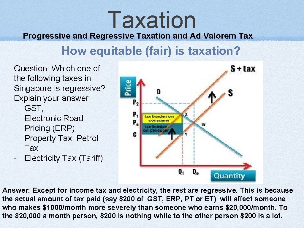 Taxation Progressive and Regressive Taxation and Ad Valorem Tax How equitable (fair) is taxation?