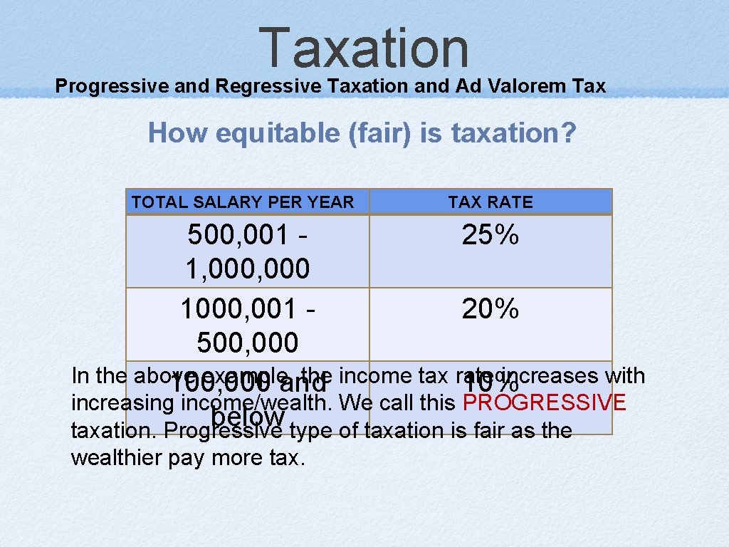 Taxation Progressive and Regressive Taxation and Ad Valorem Tax How equitable (fair) is taxation?