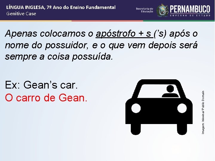 LÍNGUA INGLESA, 7º Ano do Ensino Fundamental Genitive Case Ex: Gean’s car. O carro