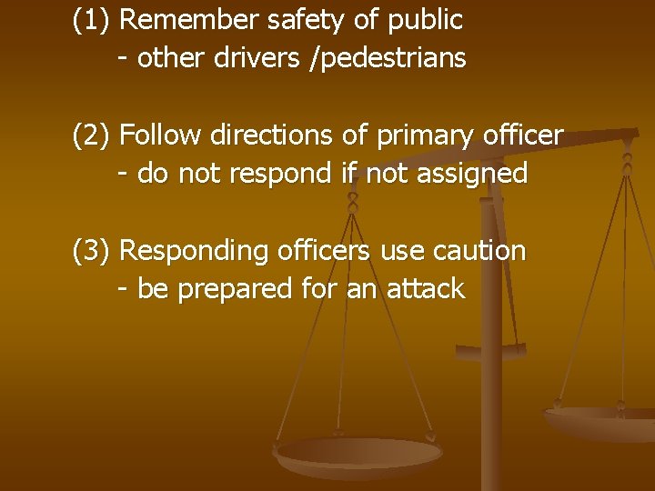 (1) Remember safety of public - other drivers /pedestrians (2) Follow directions of primary