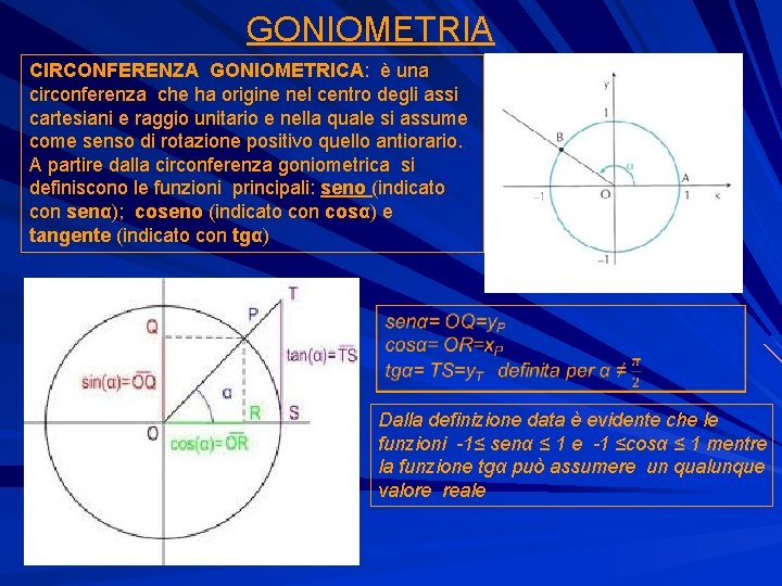 GONIOMETRIA CIRCONFERENZA GONIOMETRICA: è una circonferenza che ha origine nel centro degli assi cartesiani