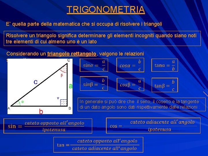 TRIGONOMETRIA E’ quella parte della matematica che si occupa di risolvere i triangoli Risolvere