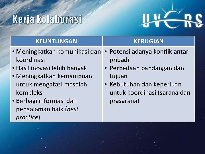 Kerja kolaborasi KEUNTUNGAN KERUGIAN • Meningkatkan komunikasi dan • Potensi adanya konflik antar koordinasi