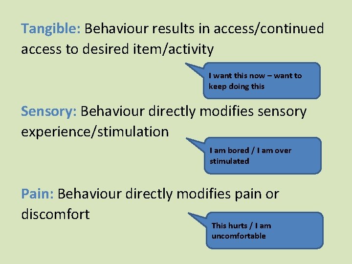 Tangible: Behaviour results in access/continued access to desired item/activity I want this now – Tangible: Behaviour results in access/continued access to desired item/activity I want this now –