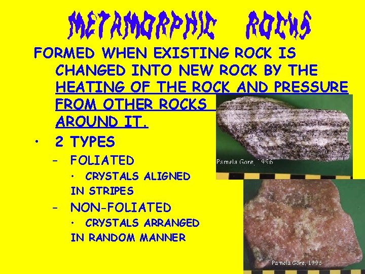 FORMED WHEN EXISTING ROCK IS CHANGED INTO NEW ROCK BY THE HEATING OF THE